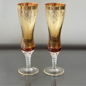 Unique Vintage Gold and Amber Champagne Flutes Twisted Stem Mid-century Italian